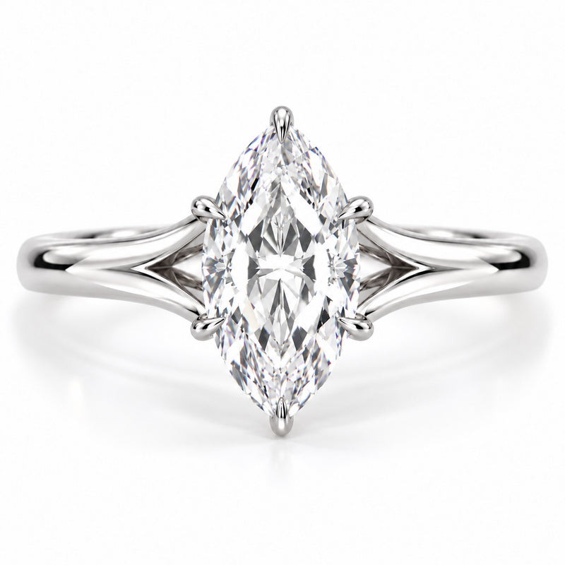 14K white gold marquise lab-grown diamond split shank engagement ring, top view