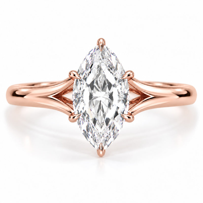 14K rose gold marquise lab-grown diamond split shank engagement ring, top view