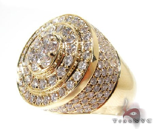 10K gold Mayan pinky ring with concentric diamond circles and intricate detailing