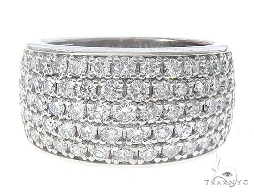 Wide white gold men's ring with multiple rows of round diamonds in a bubble setting
