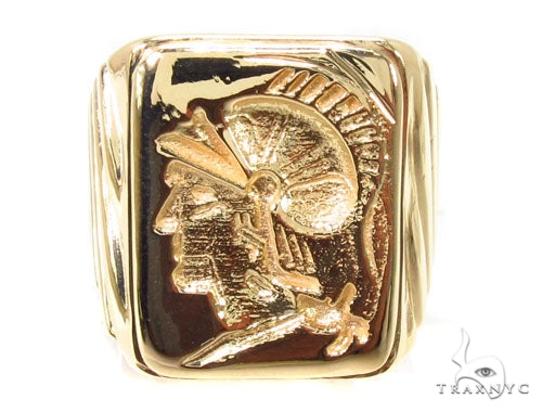 Mens custom gladiator ring in solid 18k yellow gold – structured angular profile, three-quarter view