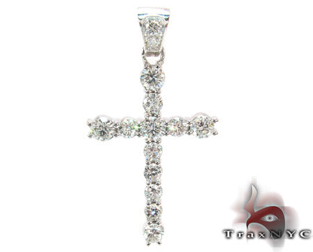 Diamond cross crucifix pendant in 18k white gold with round prong-set stones, front view