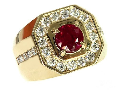 Yellow gold men's ring with round ruby center and diamonds in an octagonal setting