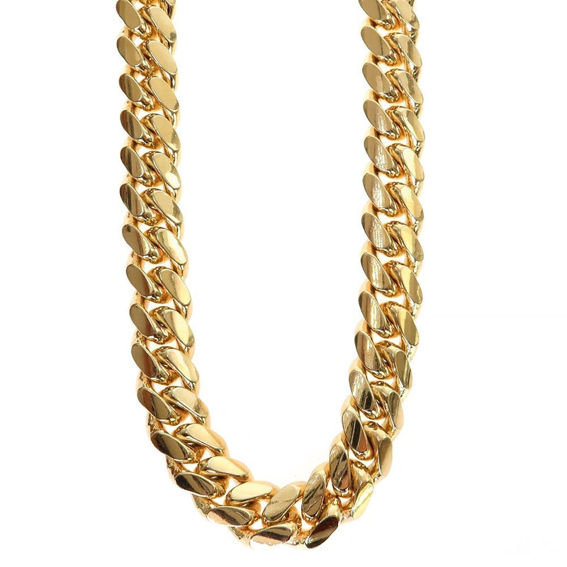 10mm Miami Cuban link chain in 18k yellow gold, 24 inches, flat-link close-up on neutral background