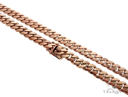 Miami Cuban link chain in 14K rose gold, 10mm wide, 28-inch length, shown flat against neutral background