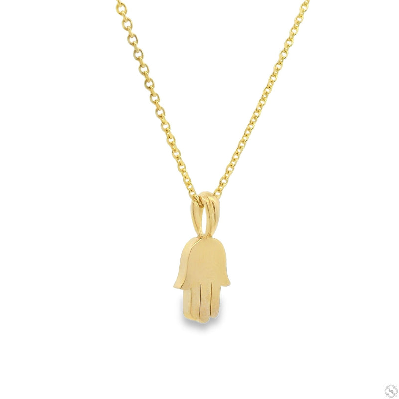 Delicate yellow gold micro Hamsa pendant necklace with fine curb chain for women