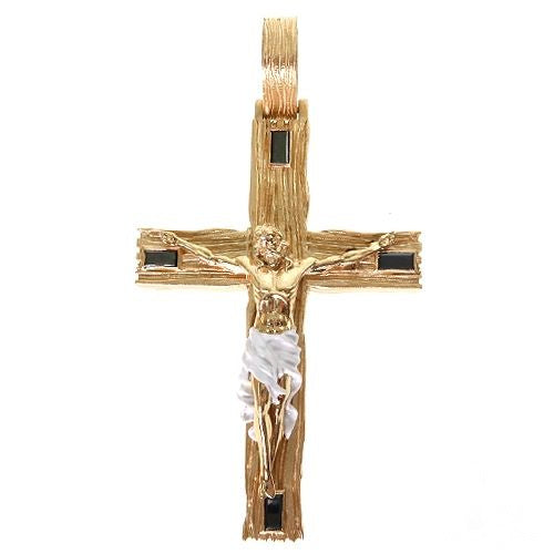 Yellow gold cross pendant with detailed Jesus figure and black stone accents