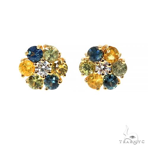 Mini cluster flower stud earrings with blue, yellow, and clear gemstones in yellow gold