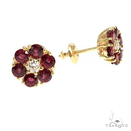 14K Gold Mini Crimson Sapphire Diamond Flower Earrings, photo 2 of 3