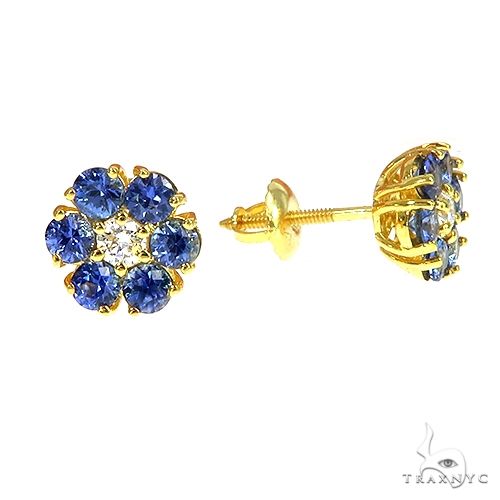 14K Gold Mini Ocean Blue Sapphire Diamond Flower Earrings, photo 2 of 5