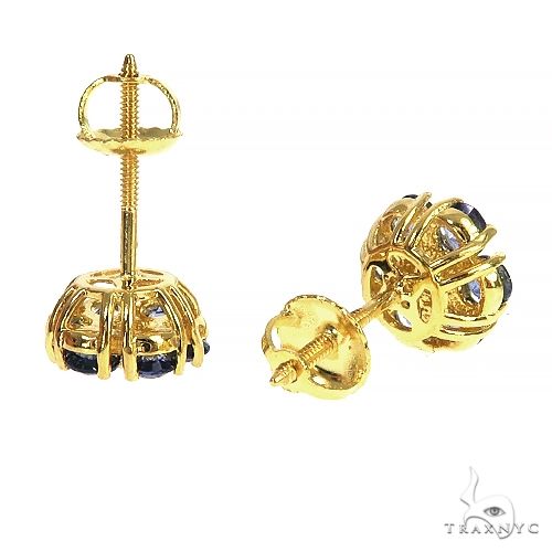 14K Gold Mini Ocean Blue Sapphire Diamond Flower Earrings, photo 3 of 5