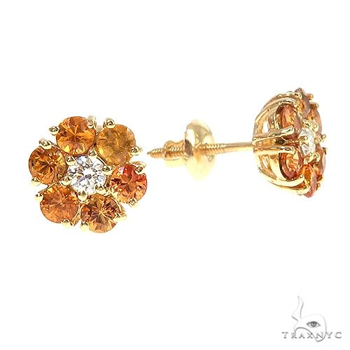 14K Gold Mini Orange Sapphire Diamond Flower Earrings, photo 2 of 3