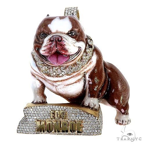 Custom bulldog pendant in gold with 5.15 ct diamond pave detailing, front-facing view