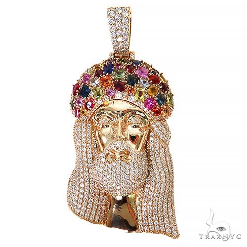 Multi Color Sapphire Crown Diamond Jesus Pendant 67396 – TraxNYC