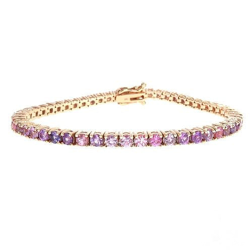 Yellow gold tennis bracelet with alternating purple and pink sapphires gemstones