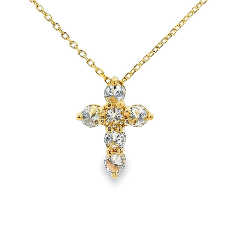 Yellow gold upside-down cross necklace with clear and yellow diamonds in a cluster design