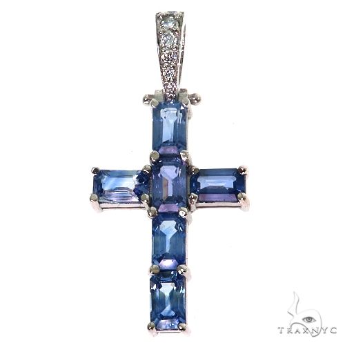 Ocean Blue Emerald Cut Sapphire Cross Pendant 67460 | TraxNYC