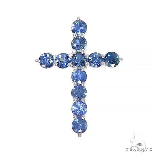 Men’s cross necklace with round ocean blue sapphire stones in white metal setting