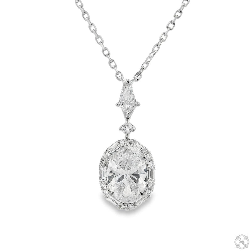 Oval diamond necklace in 18k white gold with round-cut stones in prong setting, front view
