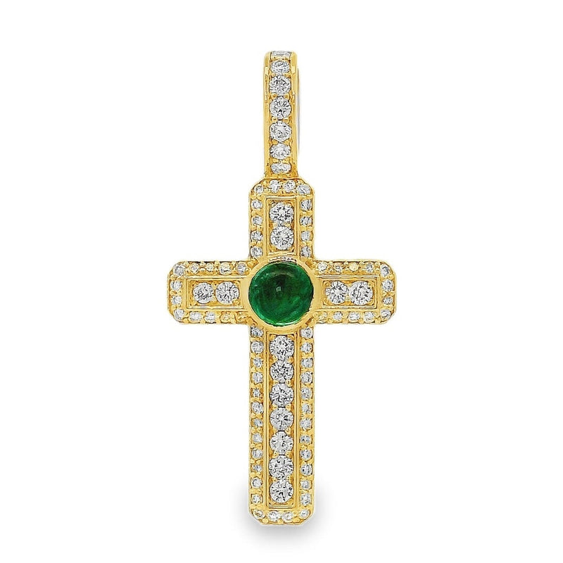 Gold cross pendant with bezel set green emerald cabochon and diamond pave accents
