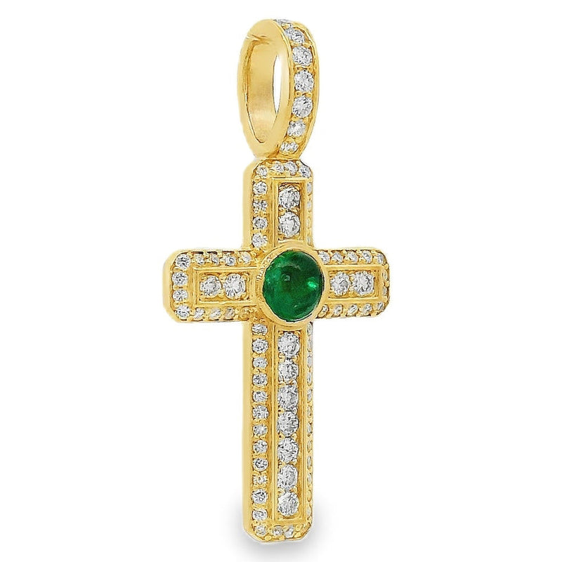 14K Gold Diamond Pave Cross With Bezel Set Green Emerald Cabochon, photo 2 of 9