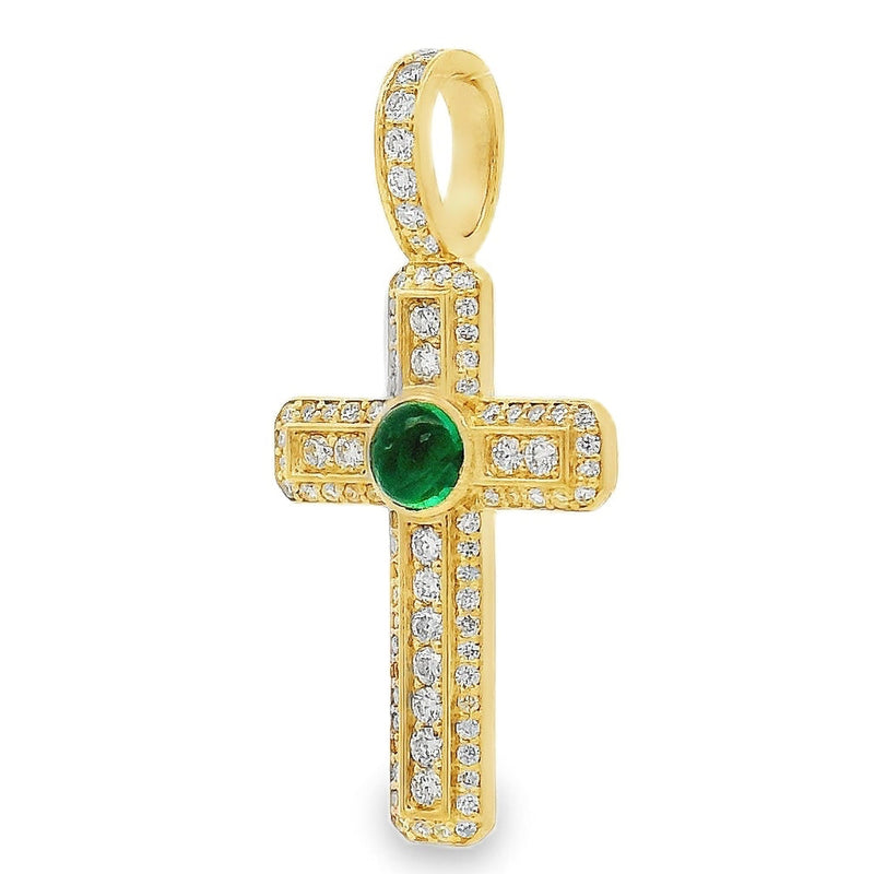 14K Gold Diamond Pave Cross With Bezel Set Green Emerald Cabochon, photo 3 of 9