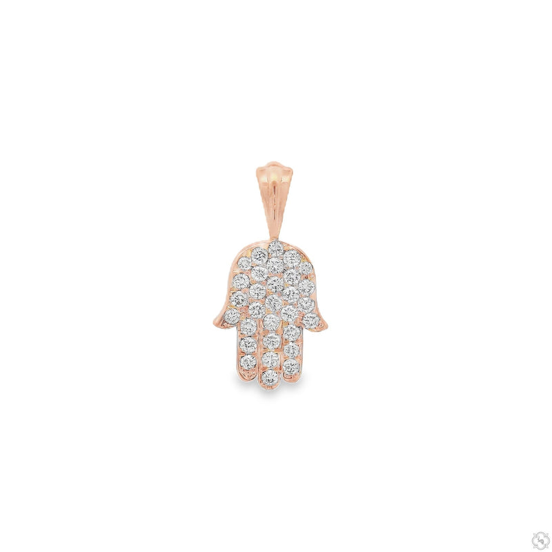Small yellow gold Hamsa pendant with pavé diamonds sparkling across surface