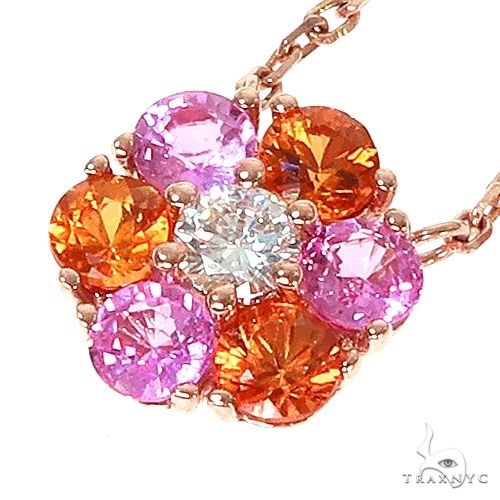 14K Gold Pink Orange Sapphire Diamond Flower Necklace, photo 3 of 6