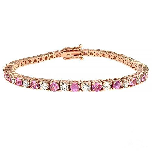 Pink sapphire and diamond tennis bracelet – alternating round stones in close-set row setting, top-down view