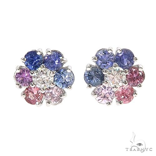Large flower cluster earrings with pink, blue sapphires and central diamonds, white metal setting