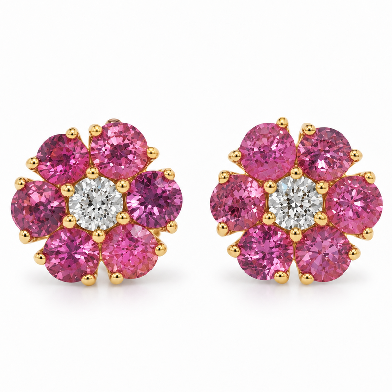 Pink Sapphire Diamond Flower Earrings in 14K gold