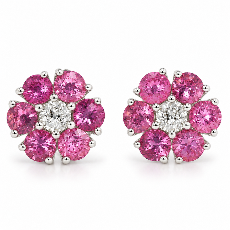 Pink Sapphire Diamond Flower Earrings in 14K gold, view 2