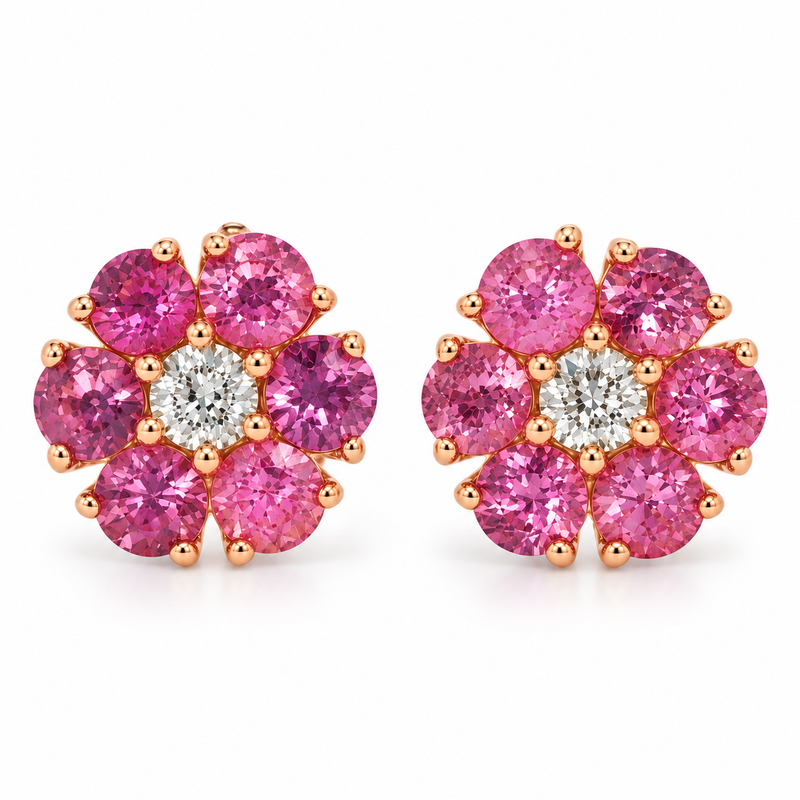 Pink Sapphire Diamond Flower Earrings in 14K gold, view 3
