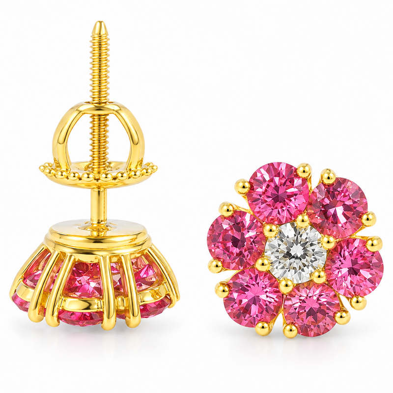 Pink Sapphire Diamond Flower Earrings in 14K gold, view 7