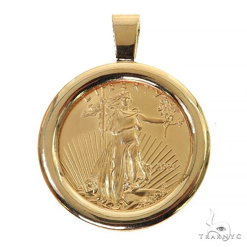 Gold 1 oz Liberty coin pendant with plain polished round frame and bail loop