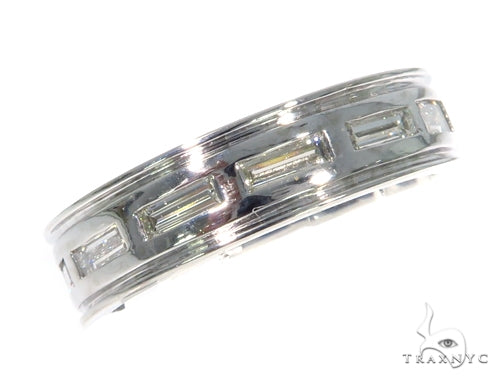 Platinum emerald cut diamond band, channel-set stones, top-down view showing rectangular facets