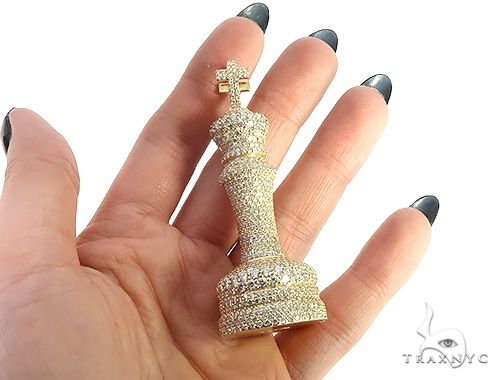 14K yellow gold chess king pendant encrusted with small diamonds, men's style