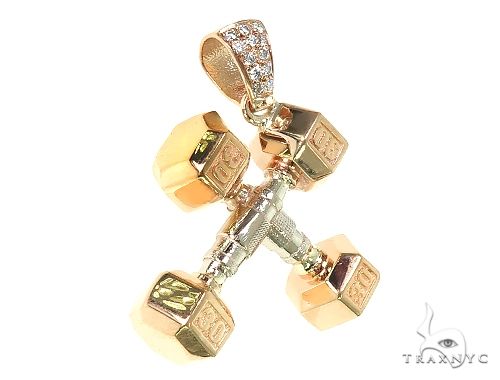 14K two-tone gold dumbbell pendant with diamond accents and detailed weight markings
