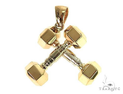 14K Two Tone Big Dumbbells Barbells Fitness Pendant, photo 3 of 7