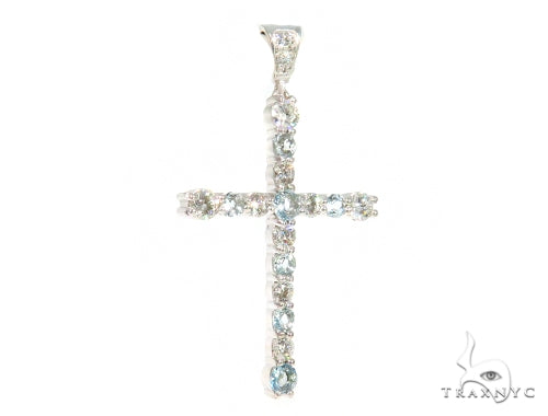 18K Gold Prong Diamond Aquamarine Cross, photo 2 of 6