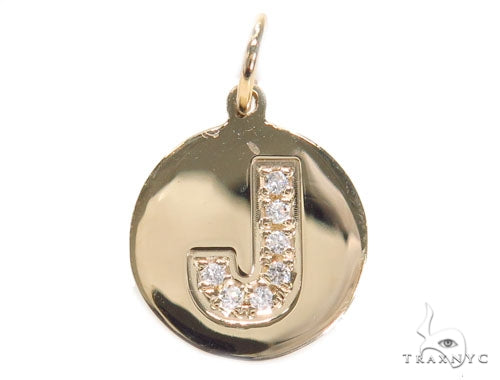 Gold round pendant with diamond-studded prong-set initial J charm