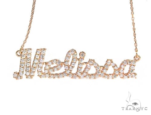 14K rose gold diamond name necklace with prong-set stones spelling Melissa