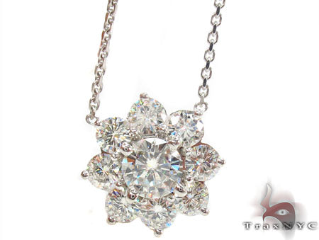14K white gold necklace with prong-set diamonds in a floral arrangement