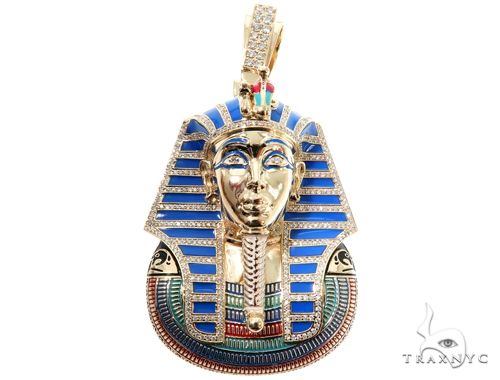 Yellow gold Pharaoh King Tut pendant with blue enamel and diamond accents