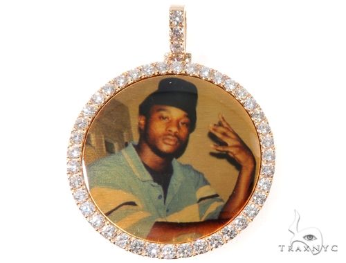 Round 14K yellow gold pendant with custom photo and diamond halo, 1.75 inch diameter
