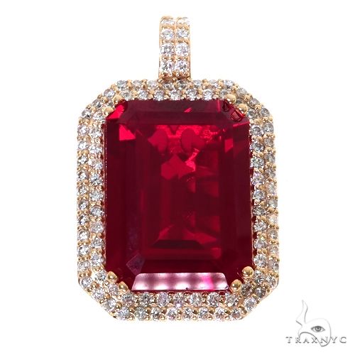Red fancy diamond pendant in 14k gold with prong settings, front view