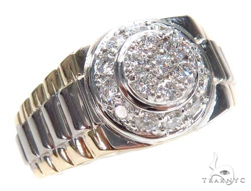 Men's 14k yellow gold prong set diamond ring with round cut stones – front-facing angle