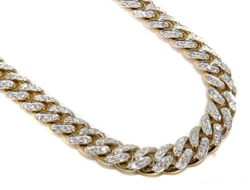 Prong set diamond Miami Cuban link chain in 10k yellow gold, 9.5mm wide, 30-inch length, full face view