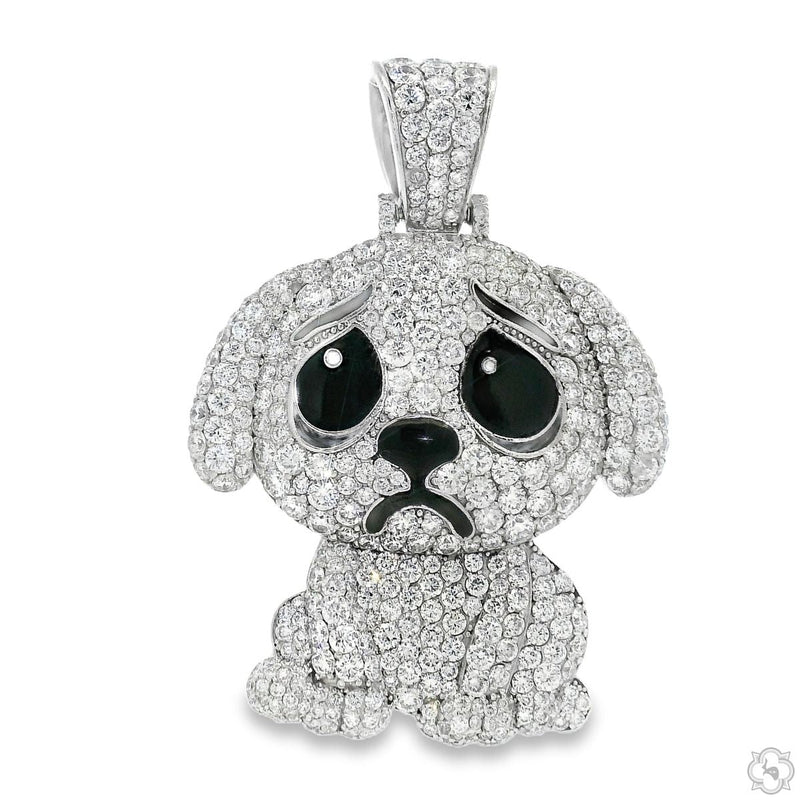 Diamond dog pendant fully iced in pavé-set stones, front-facing view showing detailed face and ears