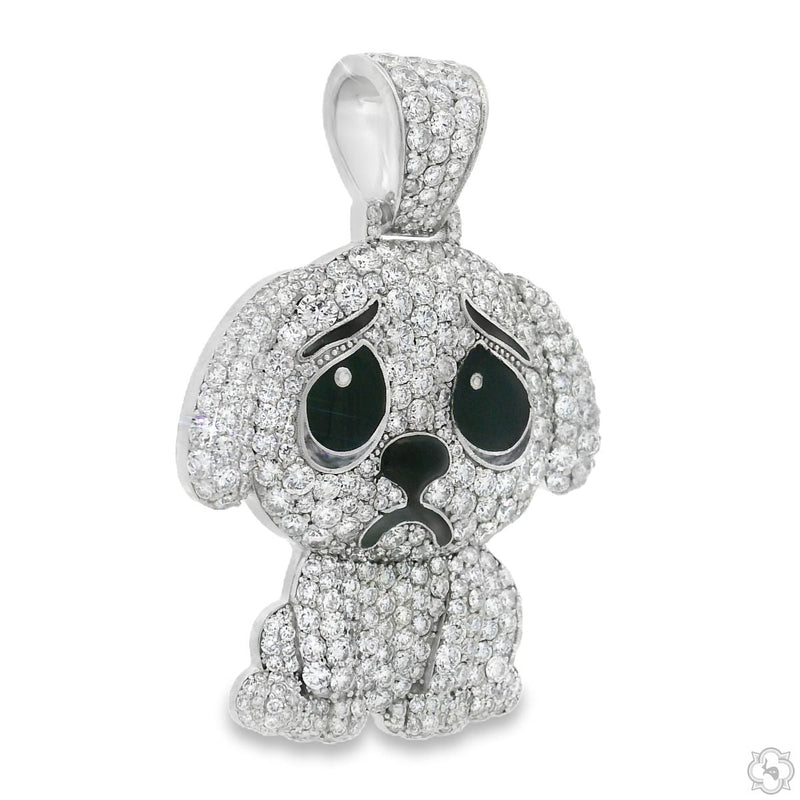 White gold puppy pendant covered in diamonds with black enamel sad eyes and nose